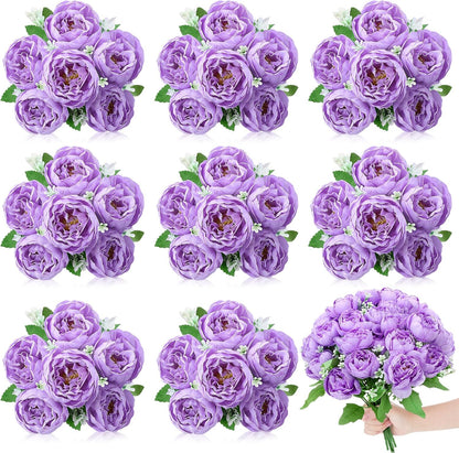 8 Pack Pink, Purple Peonies Artificial Flowers | Fake Silk Hydrangea Bouquet for Bridal Wedding Home Table Decor Reusable Dining Opening Ceremony Birthday Arrangement