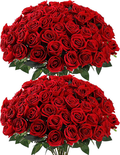 50 Pcs Artificial Roses Red Flowers Fake Velvet Silk Roses with Stems Bulk Realistic Faux Flowers for Bridal Bouquets Wedding Centerpieces Valentines Day DIY Home Party Decor (Red)