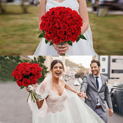 50 Pcs Artificial Roses Red Flowers Fake Velvet Silk Roses with Stems Bulk Realistic Faux Flowers for Bridal Bouquets Wedding Centerpieces Valentines Day DIY Home Party Decor (Red)