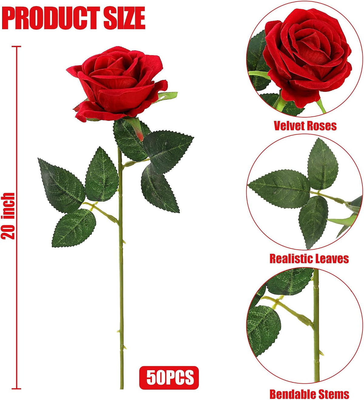 50 Pcs Artificial Roses Red Flowers Fake Velvet Silk Roses with Stems Bulk Realistic Faux Flowers for Bridal Bouquets Wedding Centerpieces Valentines Day DIY Home Party Decor (Red)