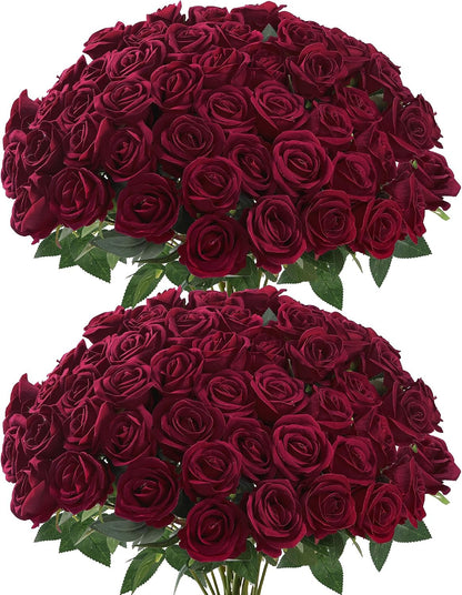 50 Pcs Artificial Roses Red Flowers Fake Velvet Silk Roses with Stems Bulk Realistic Faux Flowers for Bridal Bouquets Wedding Centerpieces Valentines Day DIY Home Party Decor (Red)