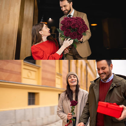 50 Pcs Artificial Roses Red Flowers Fake Velvet Silk Roses with Stems Bulk Realistic Faux Flowers for Bridal Bouquets Wedding Centerpieces Valentines Day DIY Home Party Decor (Red)