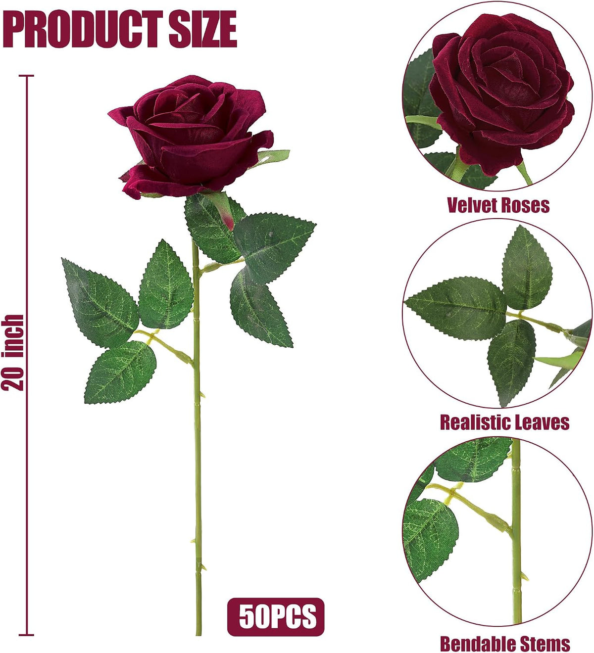 50 Pcs Artificial Roses Red Flowers Fake Velvet Silk Roses with Stems Bulk Realistic Faux Flowers for Bridal Bouquets Wedding Centerpieces Valentines Day DIY Home Party Decor (Red)