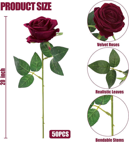50 Pcs Artificial Roses Red Flowers Fake Velvet Silk Roses with Stems Bulk Realistic Faux Flowers for Bridal Bouquets Wedding Centerpieces Valentines Day DIY Home Party Decor (Red)