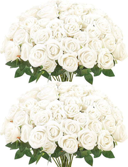 50 Pcs Artificial Roses Red Flowers Fake Velvet Silk Roses with Stems Bulk Realistic Faux Flowers for Bridal Bouquets Wedding Centerpieces Valentines Day DIY Home Party Decor (Red)