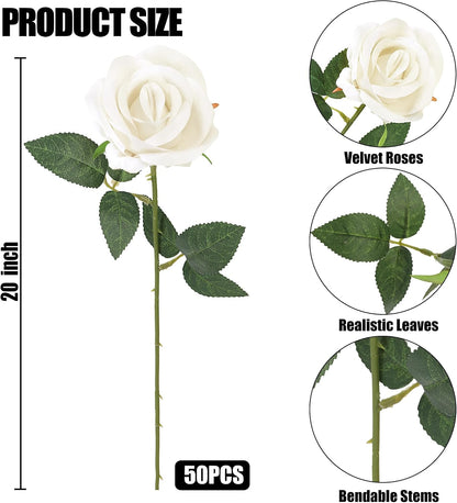 50 Pcs Artificial Roses Red Flowers Fake Velvet Silk Roses with Stems Bulk Realistic Faux Flowers for Bridal Bouquets Wedding Centerpieces Valentines Day DIY Home Party Decor (Red)