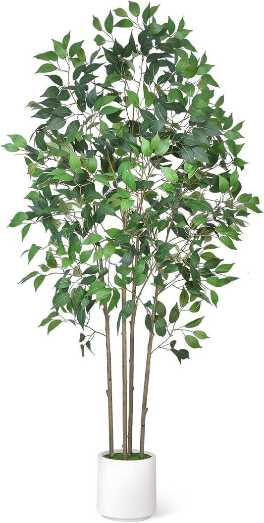 Ficus Tree Artificial 6 FT Tall Faux Plants Indoor Fake Tree with White Tall Planter, Artificial Plants Indoor Faux Tree with Full Realistic Leaves, Fake Plant for Home Office Corner Decor