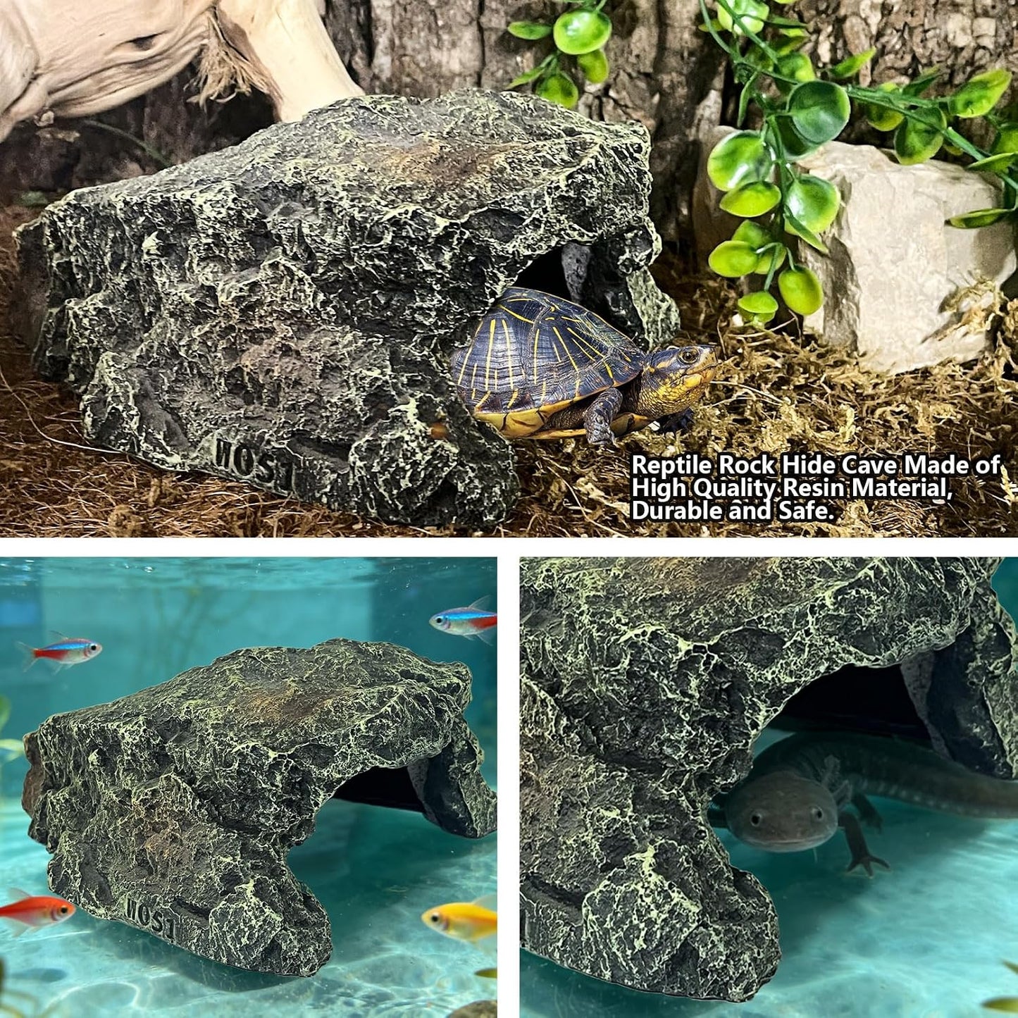 Reptile Hideout,Tortoise Hide Cave,Resin Rock,Bearded Dragon Hideaway,Turtle Basking Platform,Reptiles Habitat Decor Tank Accessories for Lizards Gecko Snakes Chameleon Frogs