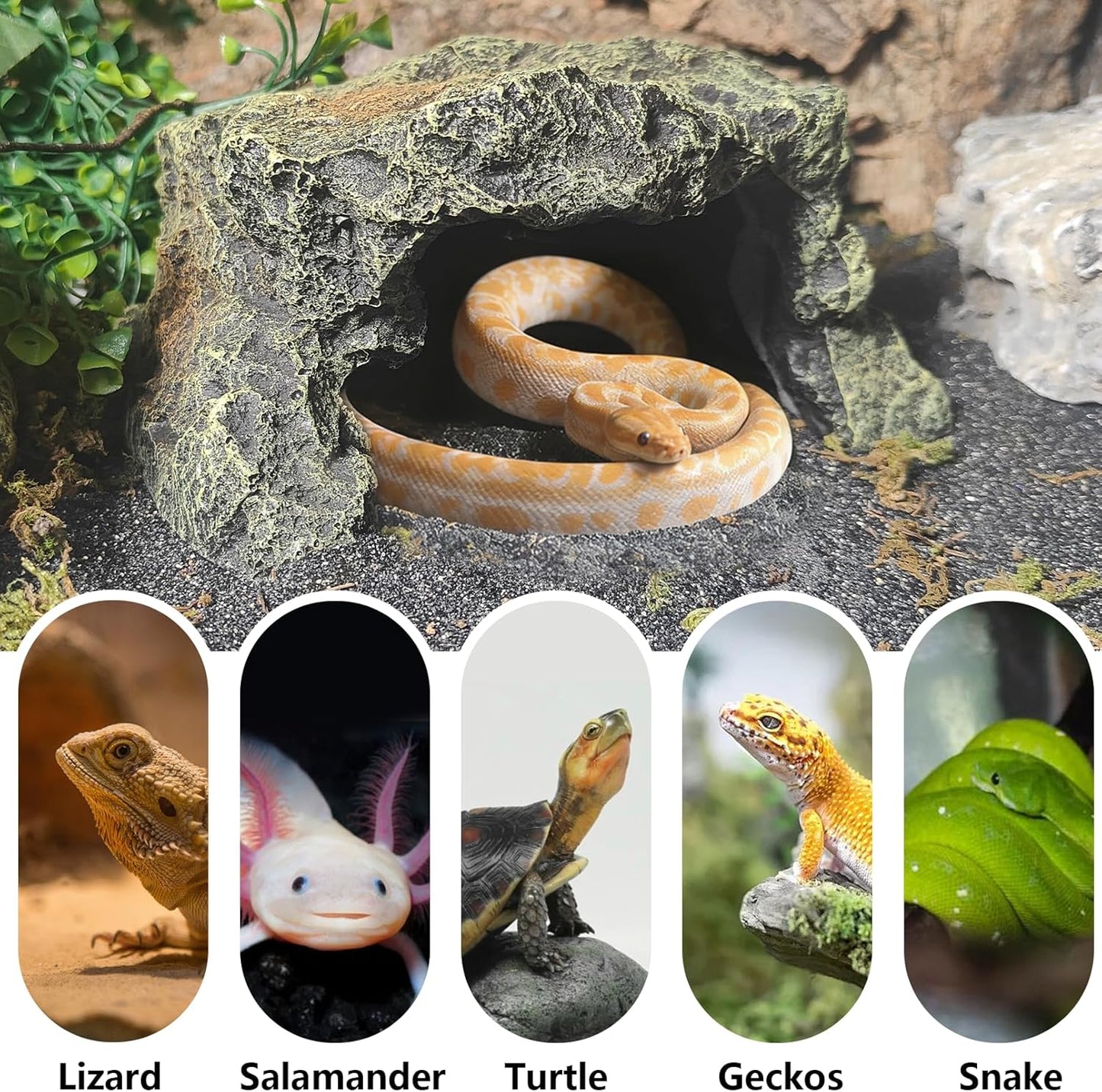Reptile Hideout,Tortoise Hide Cave,Resin Rock,Bearded Dragon Hideaway,Turtle Basking Platform,Reptiles Habitat Decor Tank Accessories for Lizards Gecko Snakes Chameleon Frogs