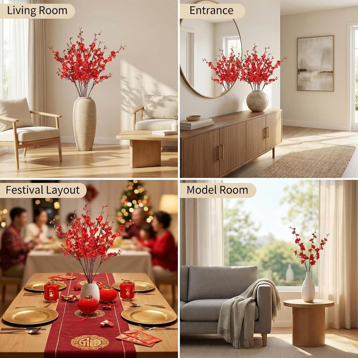 20pcs Red Cherry Blossom Branches 22" Cherry Blossom Decor