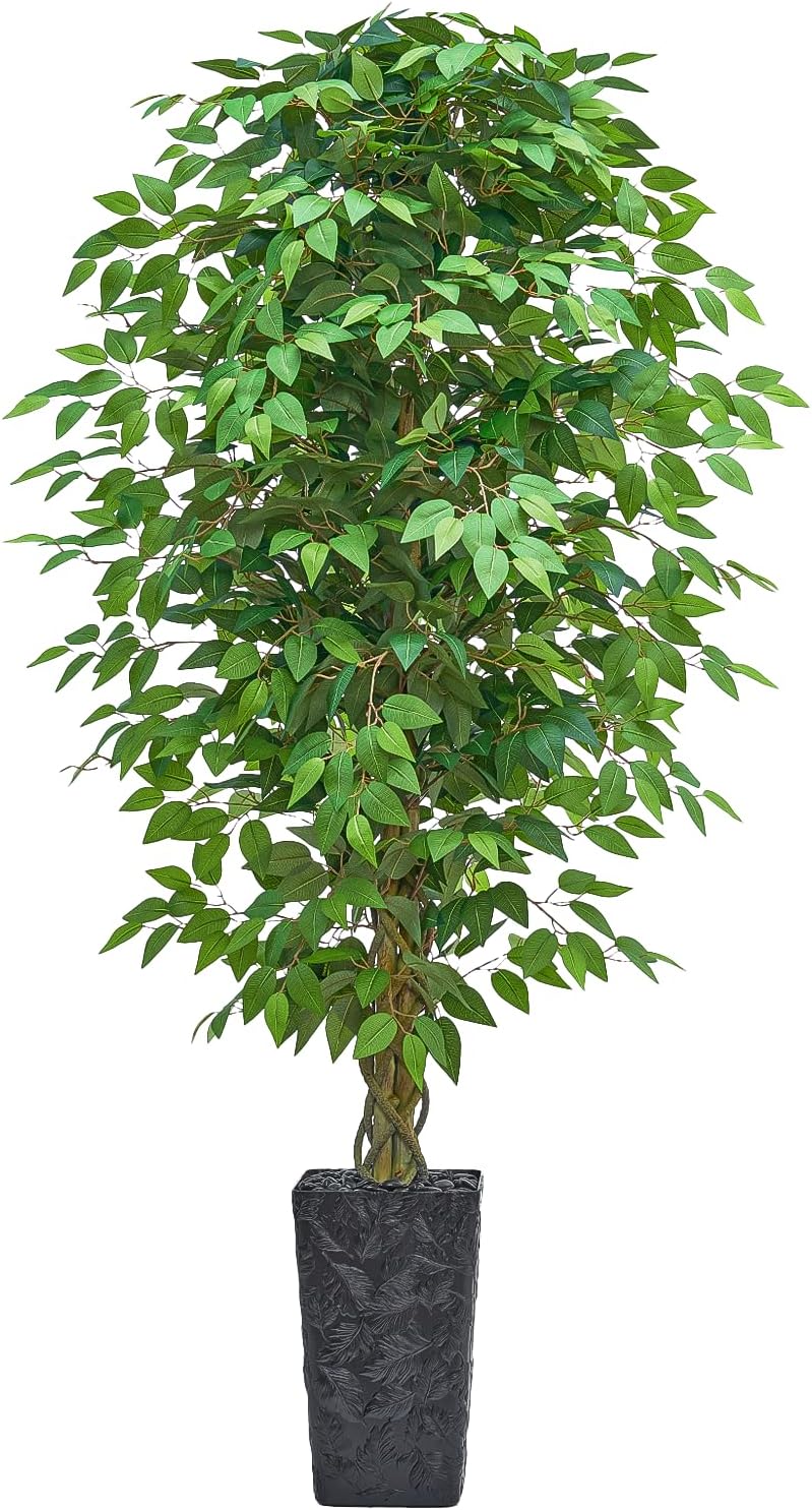 6FT Artificial Ficus Tree Indoor, Large Fake Ficus Tree with Natural Wood Trunk & Realistic Silk Leaves, Tall Faux Tree for Living Room, Office, Home Decor, White Pot Included
