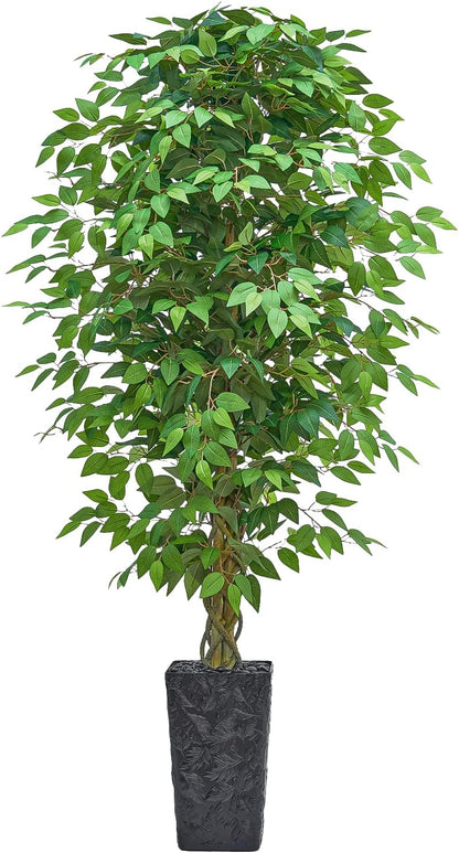 6FT Artificial Ficus Tree Indoor, Large Fake Ficus Tree with Natural Wood Trunk & Realistic Silk Leaves, Tall Faux Tree for Living Room, Office, Home Decor, White Pot Included