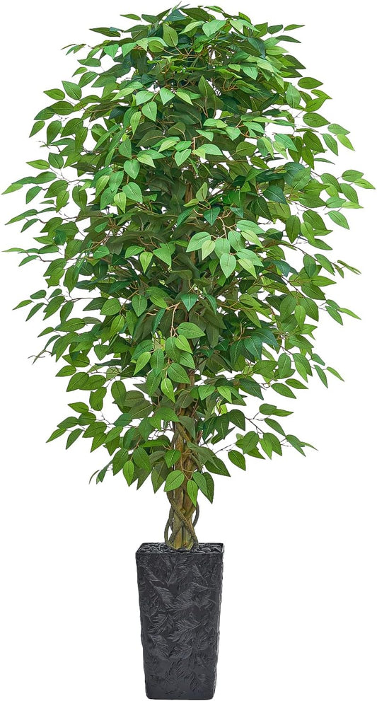 6FT Artificial Ficus Tree Indoor, Large Fake Ficus Tree with Natural Wood Trunk & Realistic Silk Leaves, Tall Faux Tree for Living Room, Office, Home Decor, White Pot Included