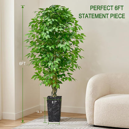 6FT Artificial Ficus Tree Indoor, Large Fake Ficus Tree with Natural Wood Trunk & Realistic Silk Leaves, Tall Faux Tree for Living Room, Office, Home Decor, White Pot Included