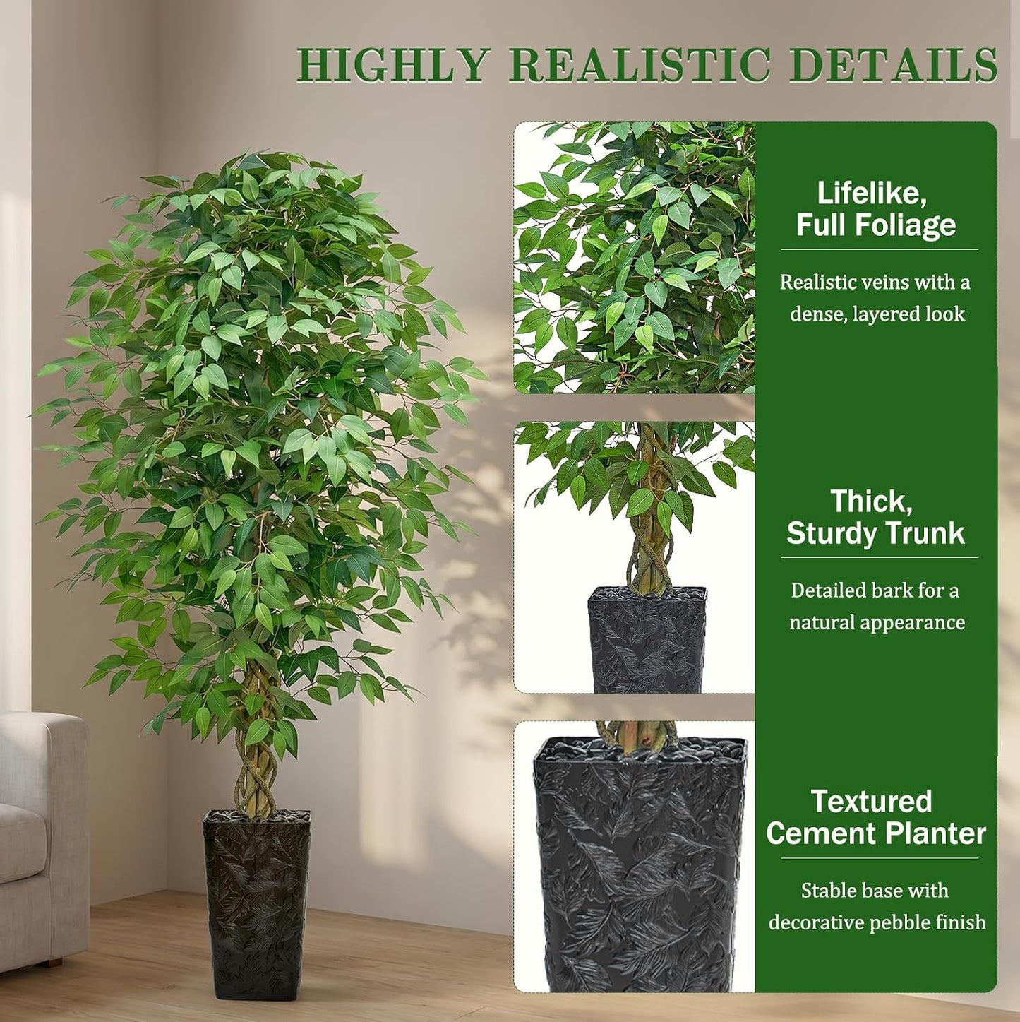6FT Artificial Ficus Tree Indoor, Large Fake Ficus Tree with Natural Wood Trunk & Realistic Silk Leaves, Tall Faux Tree for Living Room, Office, Home Decor, White Pot Included