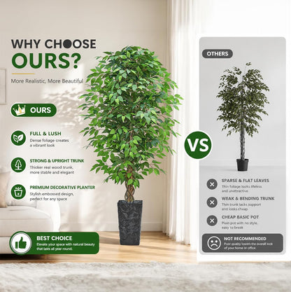6FT Artificial Ficus Tree Indoor, Large Fake Ficus Tree with Natural Wood Trunk & Realistic Silk Leaves, Tall Faux Tree for Living Room, Office, Home Decor, White Pot Included