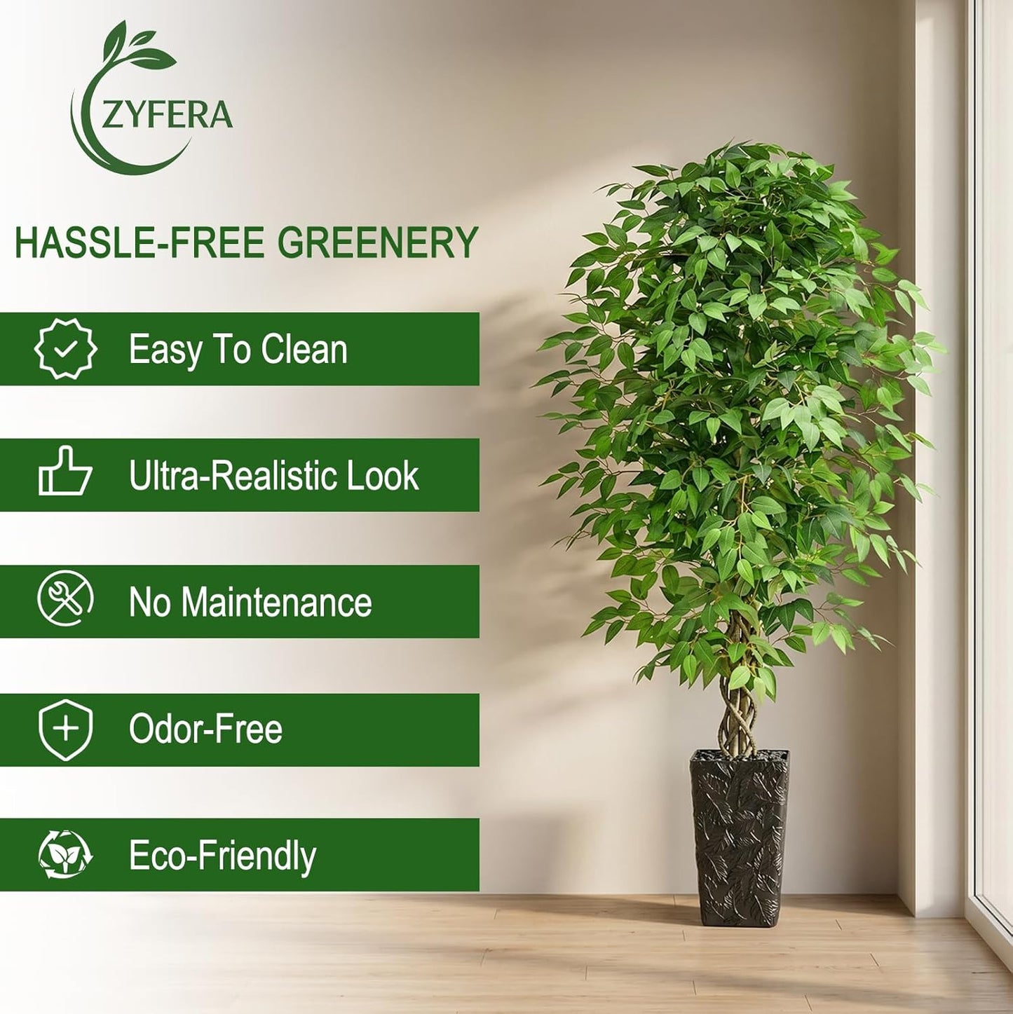 6FT Artificial Ficus Tree Indoor, Large Fake Ficus Tree with Natural Wood Trunk & Realistic Silk Leaves, Tall Faux Tree for Living Room, Office, Home Decor, White Pot Included