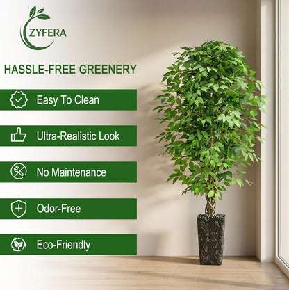 6FT Artificial Ficus Tree Indoor, Large Fake Ficus Tree with Natural Wood Trunk & Realistic Silk Leaves, Tall Faux Tree for Living Room, Office, Home Decor, White Pot Included