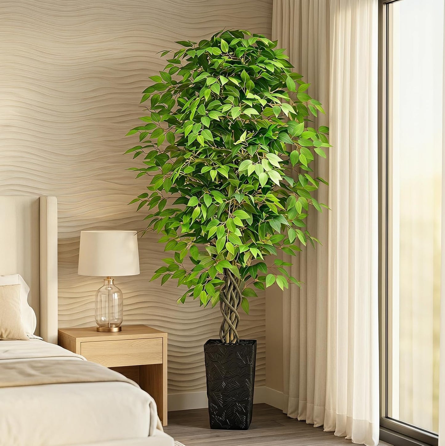 6FT Artificial Ficus Tree Indoor, Large Fake Ficus Tree with Natural Wood Trunk & Realistic Silk Leaves, Tall Faux Tree for Living Room, Office, Home Decor, White Pot Included