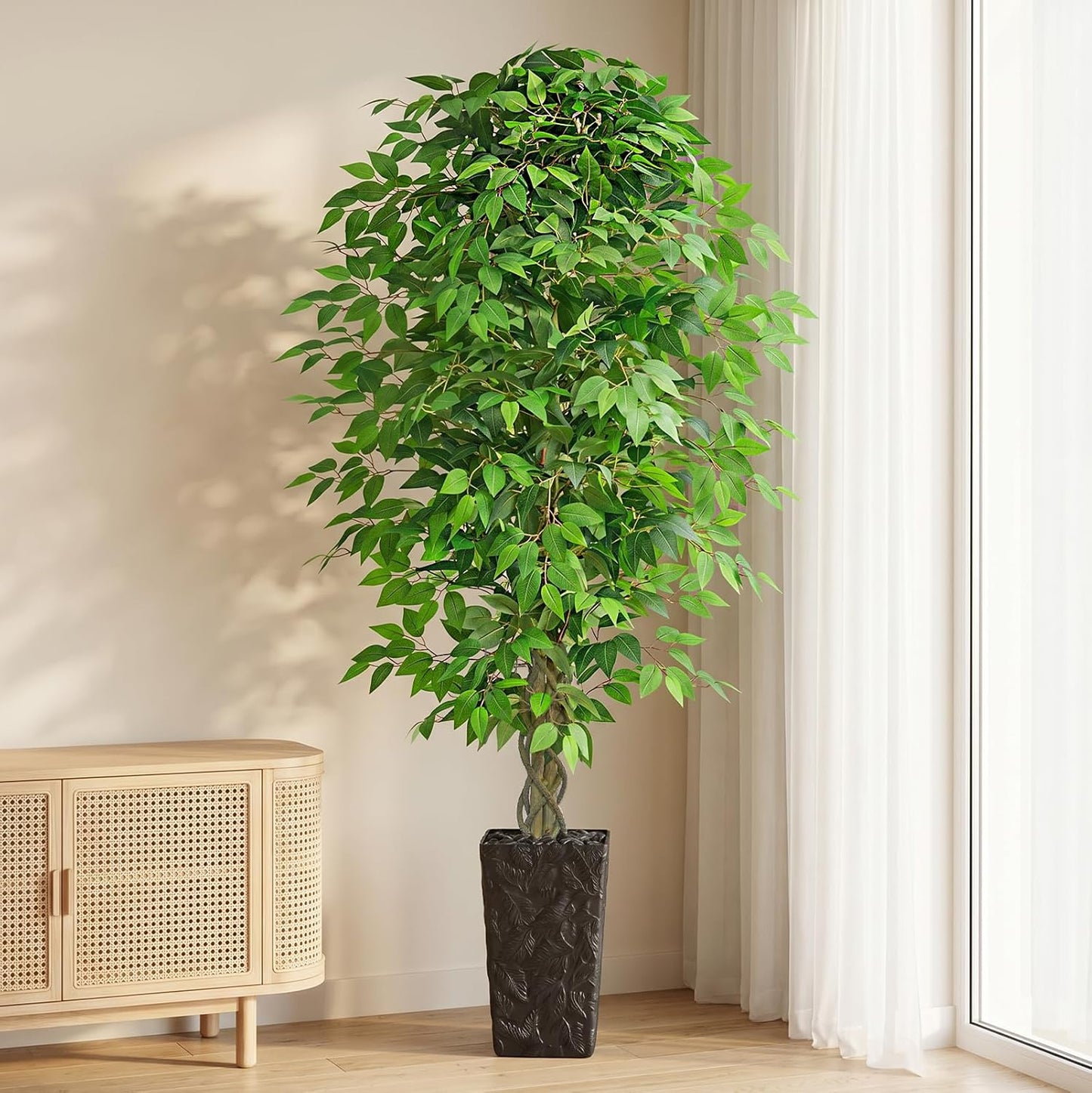 6FT Artificial Ficus Tree Indoor, Large Fake Ficus Tree with Natural Wood Trunk & Realistic Silk Leaves, Tall Faux Tree for Living Room, Office, Home Decor, White Pot Included