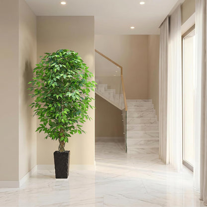 6FT Artificial Ficus Tree Indoor, Large Fake Ficus Tree with Natural Wood Trunk & Realistic Silk Leaves, Tall Faux Tree for Living Room, Office, Home Decor, White Pot Included