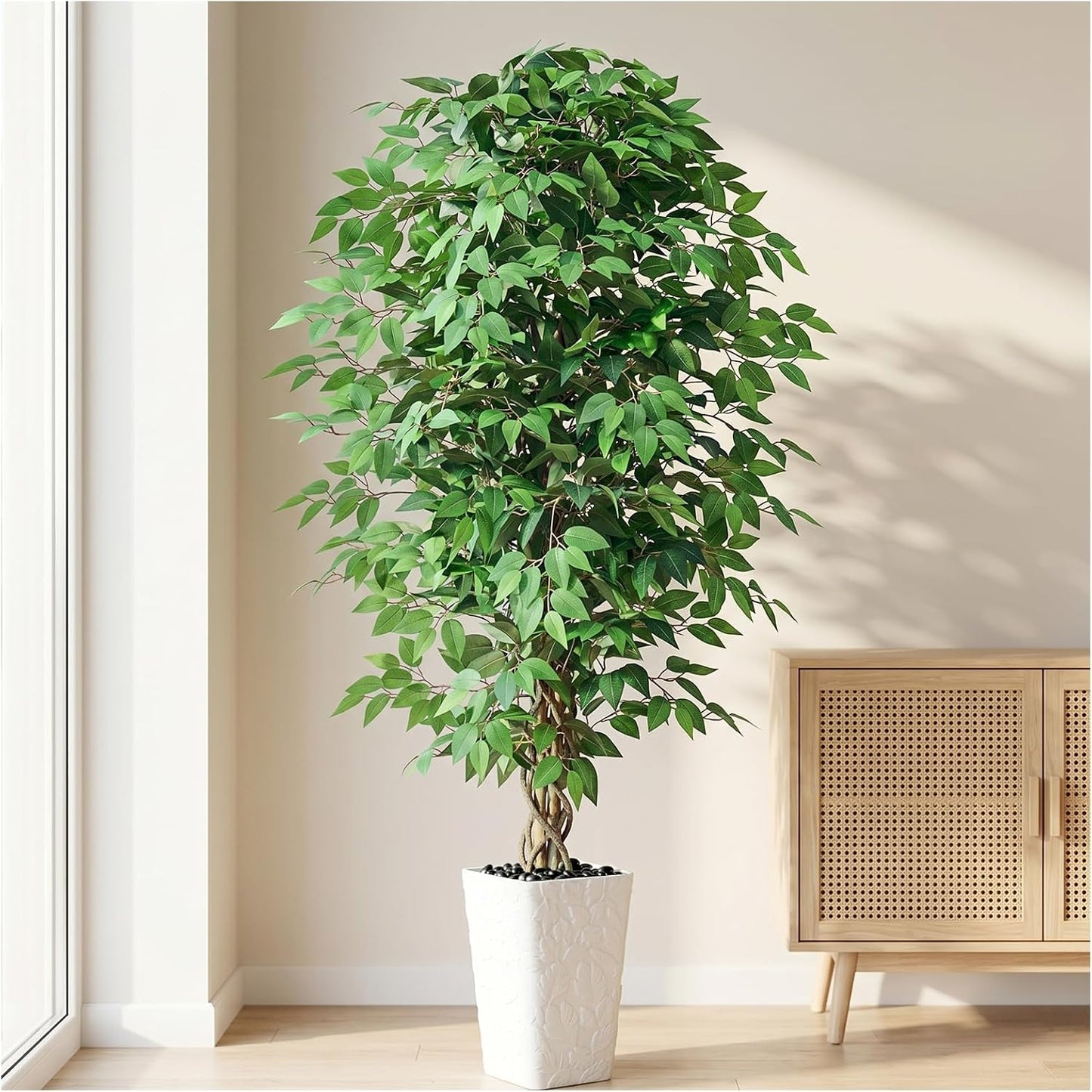 6FT Artificial Ficus Tree Indoor, Large Fake Ficus Tree with Natural Wood Trunk & Realistic Silk Leaves, Tall Faux Tree for Living Room, Office, Home Decor, White Pot Included