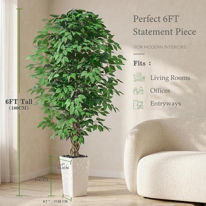 6FT Artificial Ficus Tree Indoor, Large Fake Ficus Tree with Natural Wood Trunk & Realistic Silk Leaves, Tall Faux Tree for Living Room, Office, Home Decor, White Pot Included