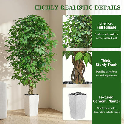 6FT Artificial Ficus Tree Indoor, Large Fake Ficus Tree with Natural Wood Trunk & Realistic Silk Leaves, Tall Faux Tree for Living Room, Office, Home Decor, White Pot Included