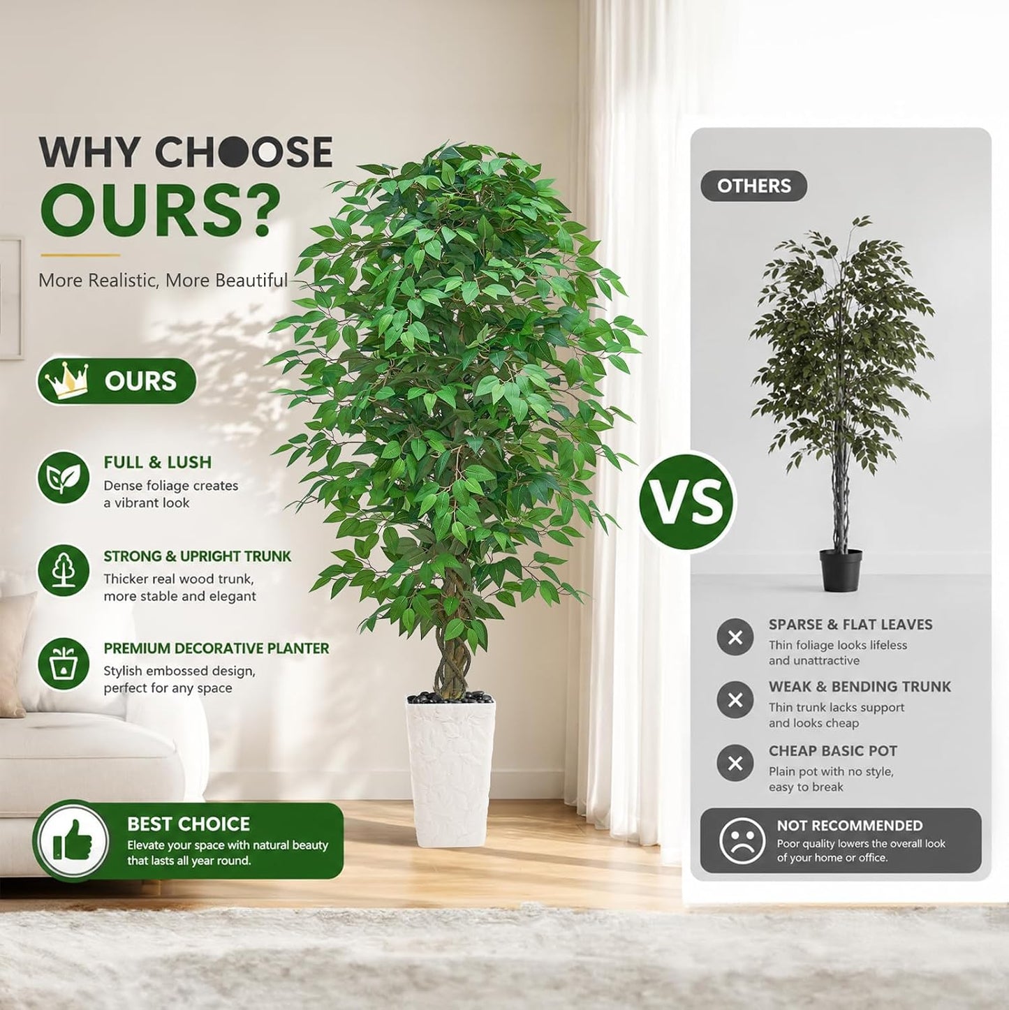 6FT Artificial Ficus Tree Indoor, Large Fake Ficus Tree with Natural Wood Trunk & Realistic Silk Leaves, Tall Faux Tree for Living Room, Office, Home Decor, White Pot Included