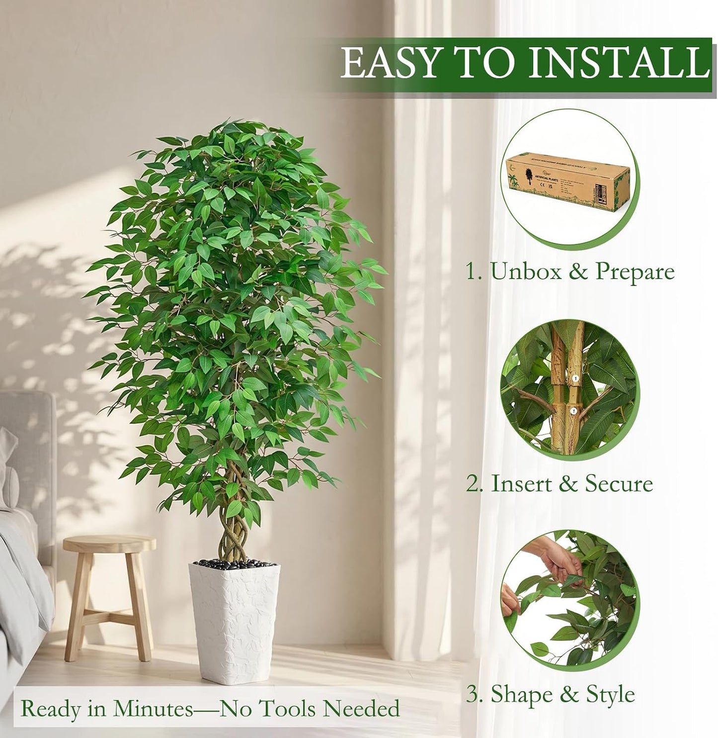 6FT Artificial Ficus Tree Indoor, Large Fake Ficus Tree with Natural Wood Trunk & Realistic Silk Leaves, Tall Faux Tree for Living Room, Office, Home Decor, White Pot Included