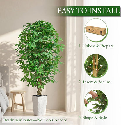 6FT Artificial Ficus Tree Indoor, Large Fake Ficus Tree with Natural Wood Trunk & Realistic Silk Leaves, Tall Faux Tree for Living Room, Office, Home Decor, White Pot Included