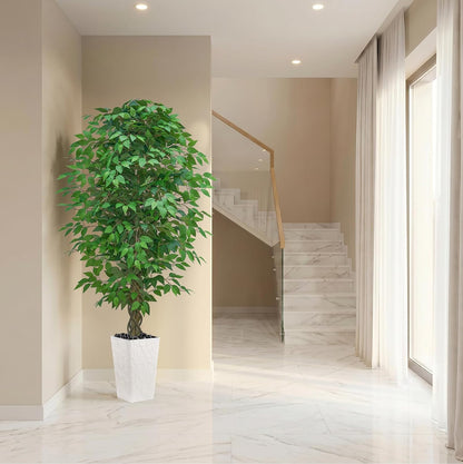 6FT Artificial Ficus Tree Indoor, Large Fake Ficus Tree with Natural Wood Trunk & Realistic Silk Leaves, Tall Faux Tree for Living Room, Office, Home Decor, White Pot Included