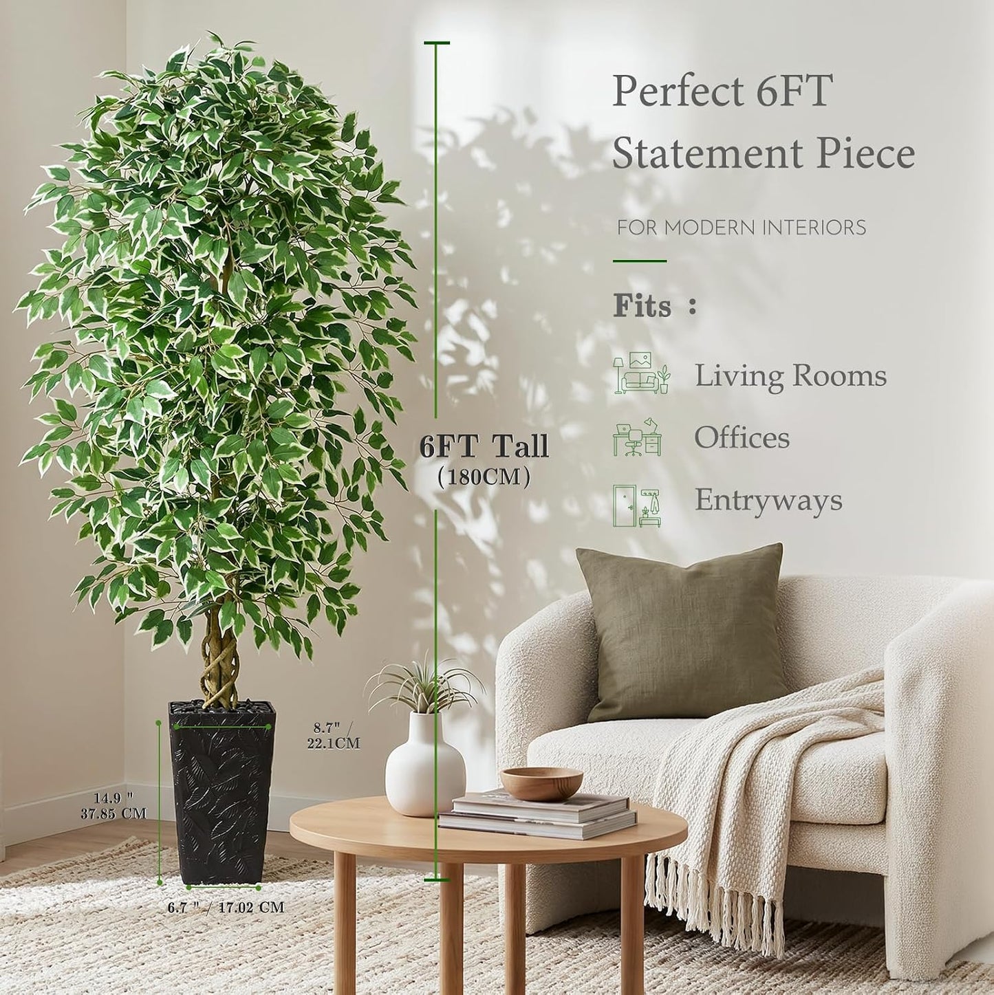 6FT Artificial Ficus Tree Indoor, Large Fake Ficus Tree with Natural Wood Trunk & Realistic Silk Leaves, Tall Faux Tree for Living Room, Office, Home Decor, White Pot Included