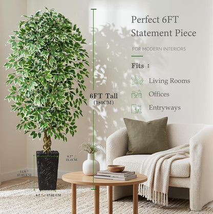 6FT Artificial Ficus Tree Indoor, Large Fake Ficus Tree with Natural Wood Trunk & Realistic Silk Leaves, Tall Faux Tree for Living Room, Office, Home Decor, White Pot Included