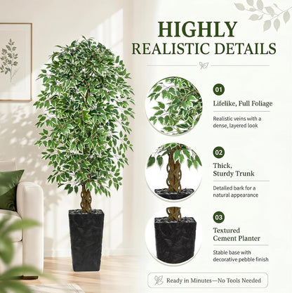 6FT Artificial Ficus Tree Indoor, Large Fake Ficus Tree with Natural Wood Trunk & Realistic Silk Leaves, Tall Faux Tree for Living Room, Office, Home Decor, White Pot Included