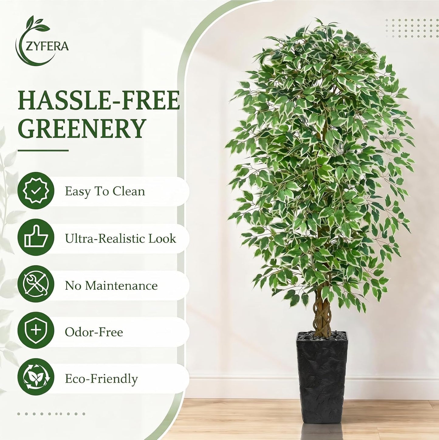 6FT Artificial Ficus Tree Indoor, Large Fake Ficus Tree with Natural Wood Trunk & Realistic Silk Leaves, Tall Faux Tree for Living Room, Office, Home Decor, White Pot Included
