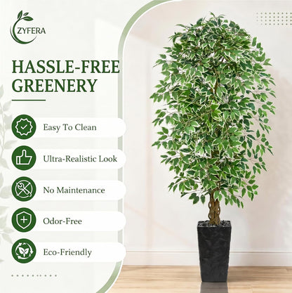 6FT Artificial Ficus Tree Indoor, Large Fake Ficus Tree with Natural Wood Trunk & Realistic Silk Leaves, Tall Faux Tree for Living Room, Office, Home Decor, White Pot Included