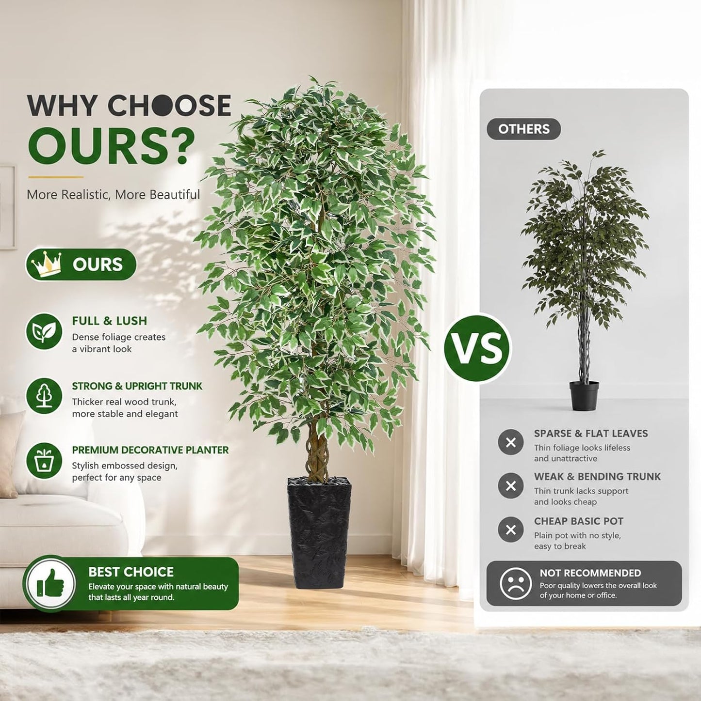 6FT Artificial Ficus Tree Indoor, Large Fake Ficus Tree with Natural Wood Trunk & Realistic Silk Leaves, Tall Faux Tree for Living Room, Office, Home Decor, White Pot Included