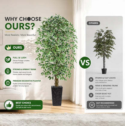 6FT Artificial Ficus Tree Indoor, Large Fake Ficus Tree with Natural Wood Trunk & Realistic Silk Leaves, Tall Faux Tree for Living Room, Office, Home Decor, White Pot Included