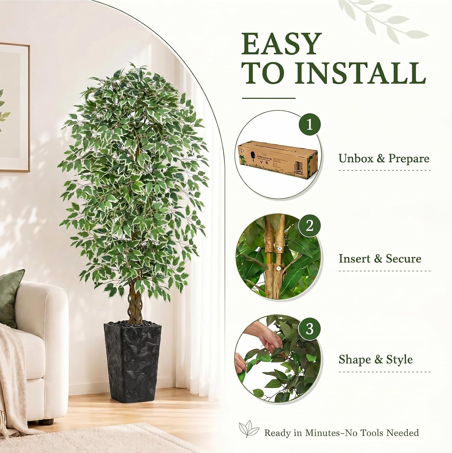 6FT Artificial Ficus Tree Indoor, Large Fake Ficus Tree with Natural Wood Trunk & Realistic Silk Leaves, Tall Faux Tree for Living Room, Office, Home Decor, White Pot Included