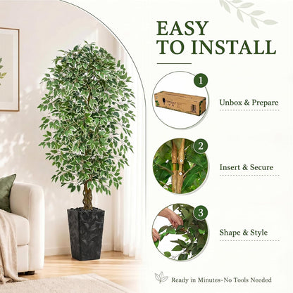 6FT Artificial Ficus Tree Indoor, Large Fake Ficus Tree with Natural Wood Trunk & Realistic Silk Leaves, Tall Faux Tree for Living Room, Office, Home Decor, White Pot Included