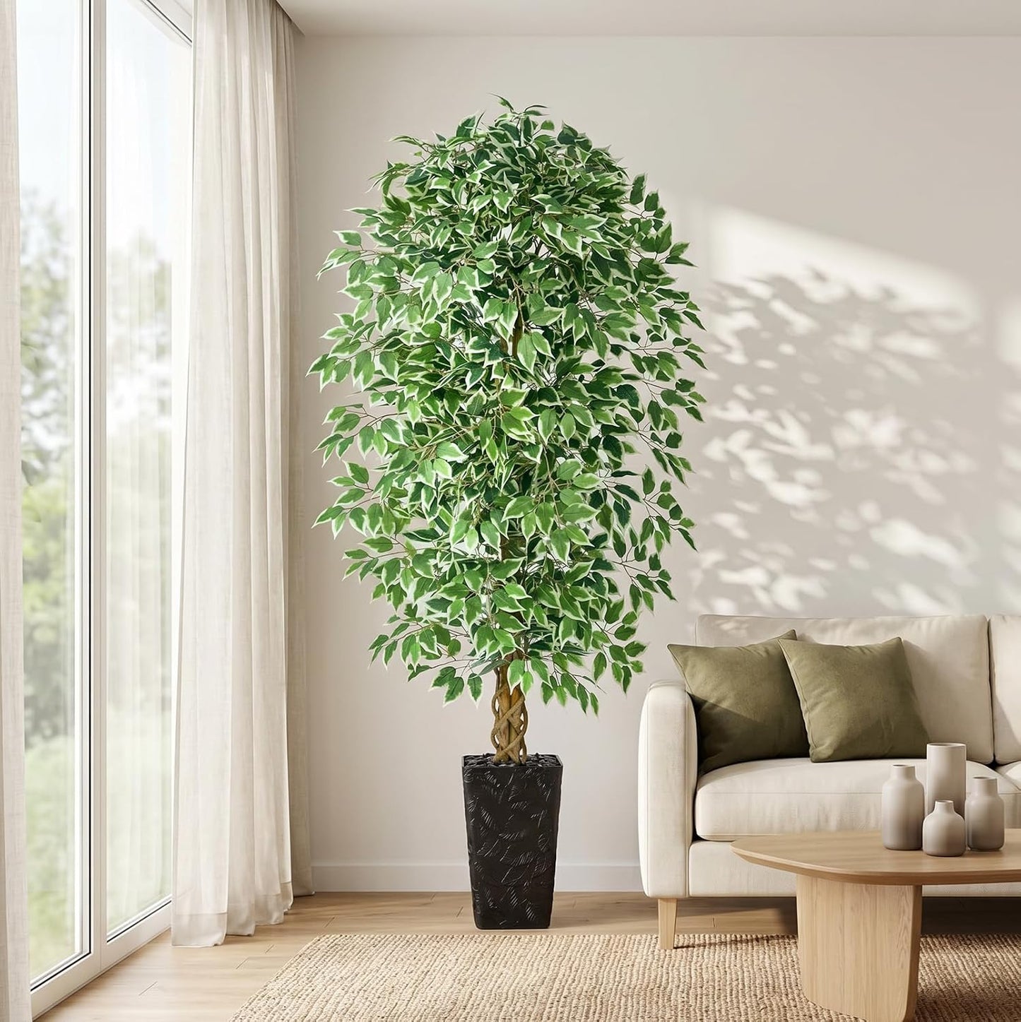 6FT Artificial Ficus Tree Indoor, Large Fake Ficus Tree with Natural Wood Trunk & Realistic Silk Leaves, Tall Faux Tree for Living Room, Office, Home Decor, White Pot Included