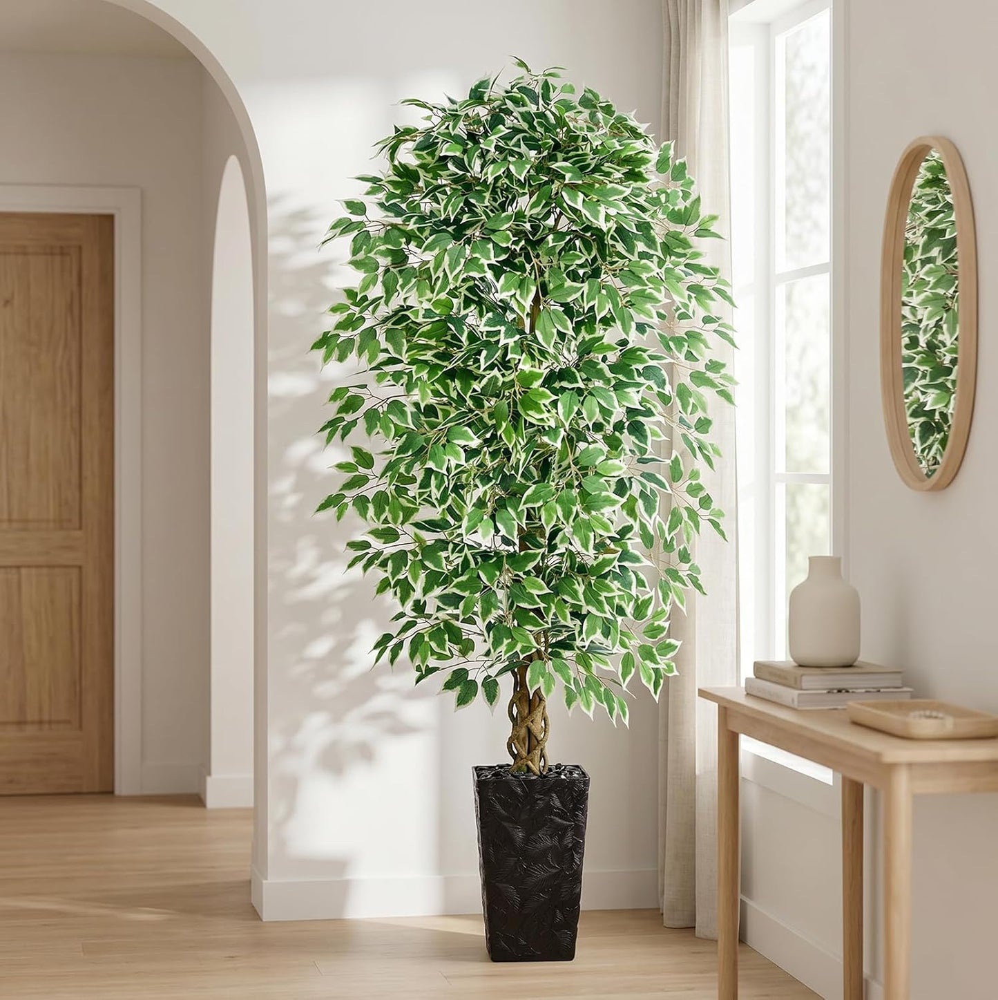 6FT Artificial Ficus Tree Indoor, Large Fake Ficus Tree with Natural Wood Trunk & Realistic Silk Leaves, Tall Faux Tree for Living Room, Office, Home Decor, White Pot Included