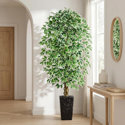 6FT Artificial Ficus Tree Indoor, Large Fake Ficus Tree with Natural Wood Trunk & Realistic Silk Leaves, Tall Faux Tree for Living Room, Office, Home Decor, White Pot Included