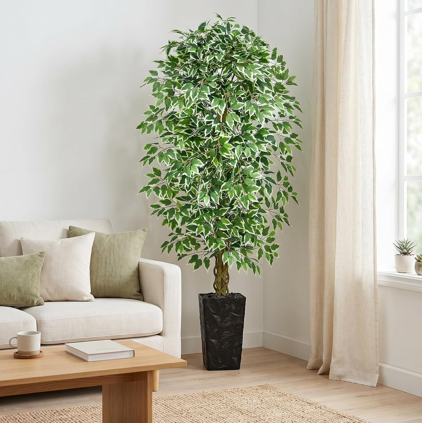 6FT Artificial Ficus Tree Indoor, Large Fake Ficus Tree with Natural Wood Trunk & Realistic Silk Leaves, Tall Faux Tree for Living Room, Office, Home Decor, White Pot Included