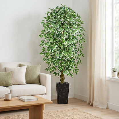 6FT Artificial Ficus Tree Indoor, Large Fake Ficus Tree with Natural Wood Trunk & Realistic Silk Leaves, Tall Faux Tree for Living Room, Office, Home Decor, White Pot Included