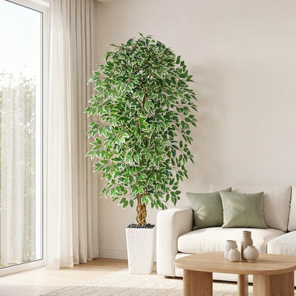 6FT Artificial Ficus Tree Indoor, Large Fake Ficus Tree with Natural Wood Trunk & Realistic Silk Leaves, Tall Faux Tree for Living Room, Office, Home Decor, White Pot Included