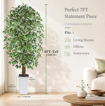 6FT Artificial Ficus Tree Indoor, Large Fake Ficus Tree with Natural Wood Trunk & Realistic Silk Leaves, Tall Faux Tree for Living Room, Office, Home Decor, White Pot Included