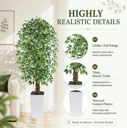 6FT Artificial Ficus Tree Indoor, Large Fake Ficus Tree with Natural Wood Trunk & Realistic Silk Leaves, Tall Faux Tree for Living Room, Office, Home Decor, White Pot Included