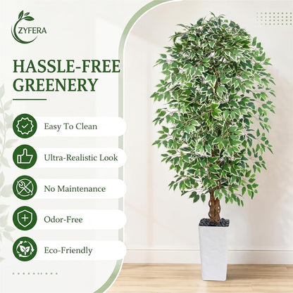 6FT Artificial Ficus Tree Indoor, Large Fake Ficus Tree with Natural Wood Trunk & Realistic Silk Leaves, Tall Faux Tree for Living Room, Office, Home Decor, White Pot Included